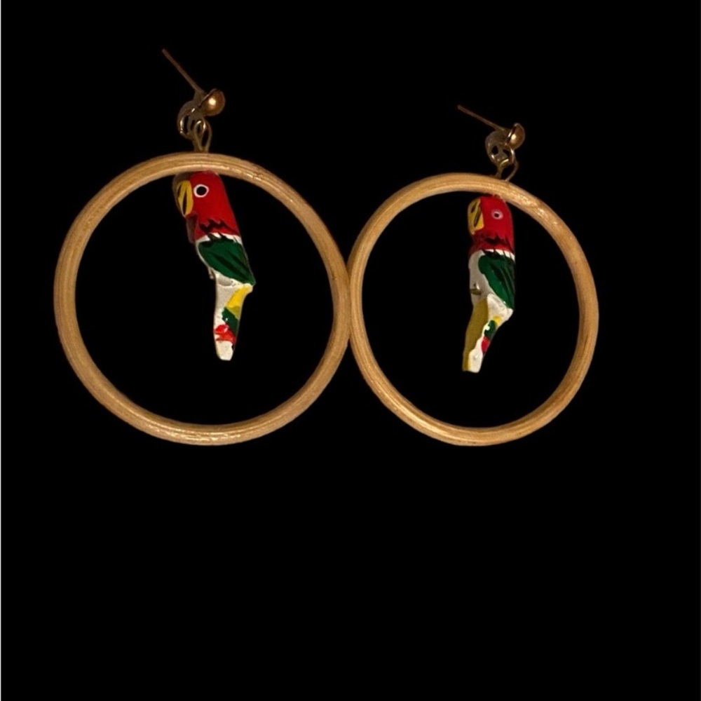 Vintage 80's Earrings parrot perched in wooden hoop